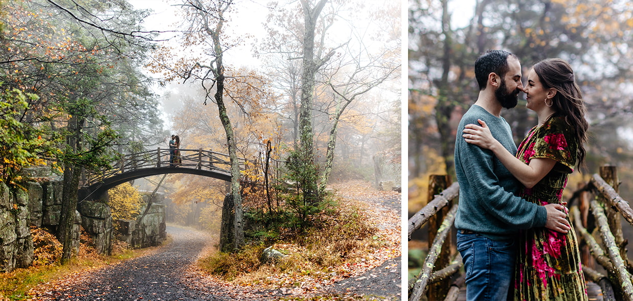 couple embraces on a wood bridge during foggy fall engagement photos at Minnewaska State Park in Kerhonkson, NY