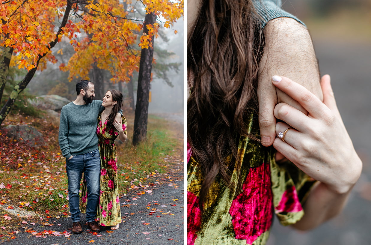 Couple smiles at each other and show off engagement ring at Minnewaska State Park