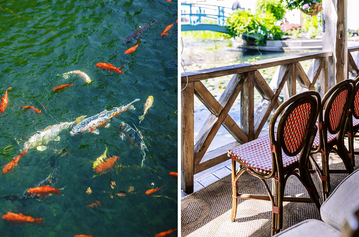 koi fish and ceremony chairs at mirbeau inn and spa wedding venue