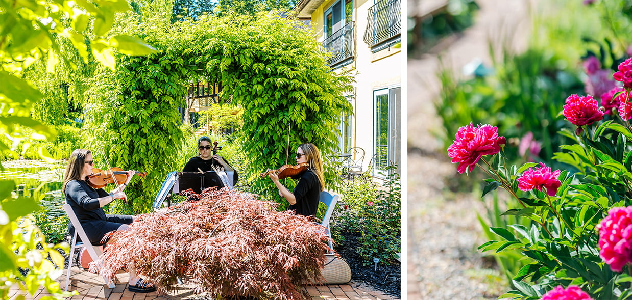 string trio and garden flowers at mirbeau inn and spa skaneateles
