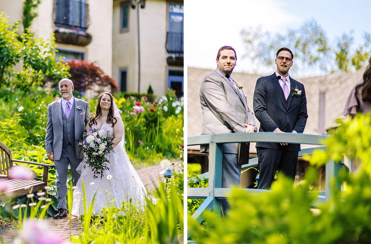 Groom on bridge cries seeing bride for the first time at mirbeau inn and spa wedding