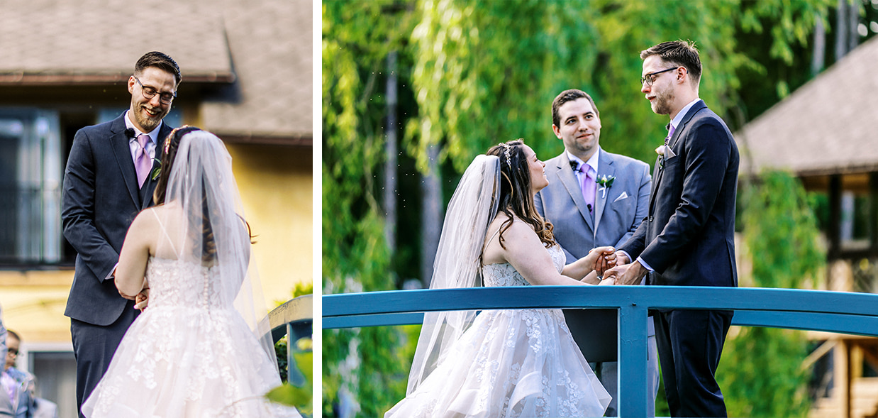 bride and groom smile and hold hands on bridge during wedding ceremony