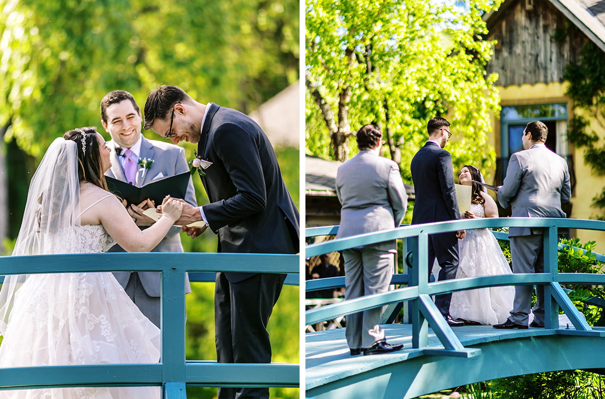 Bride and groom stand on bridge during wedding cremony at mirbeau and read their vows