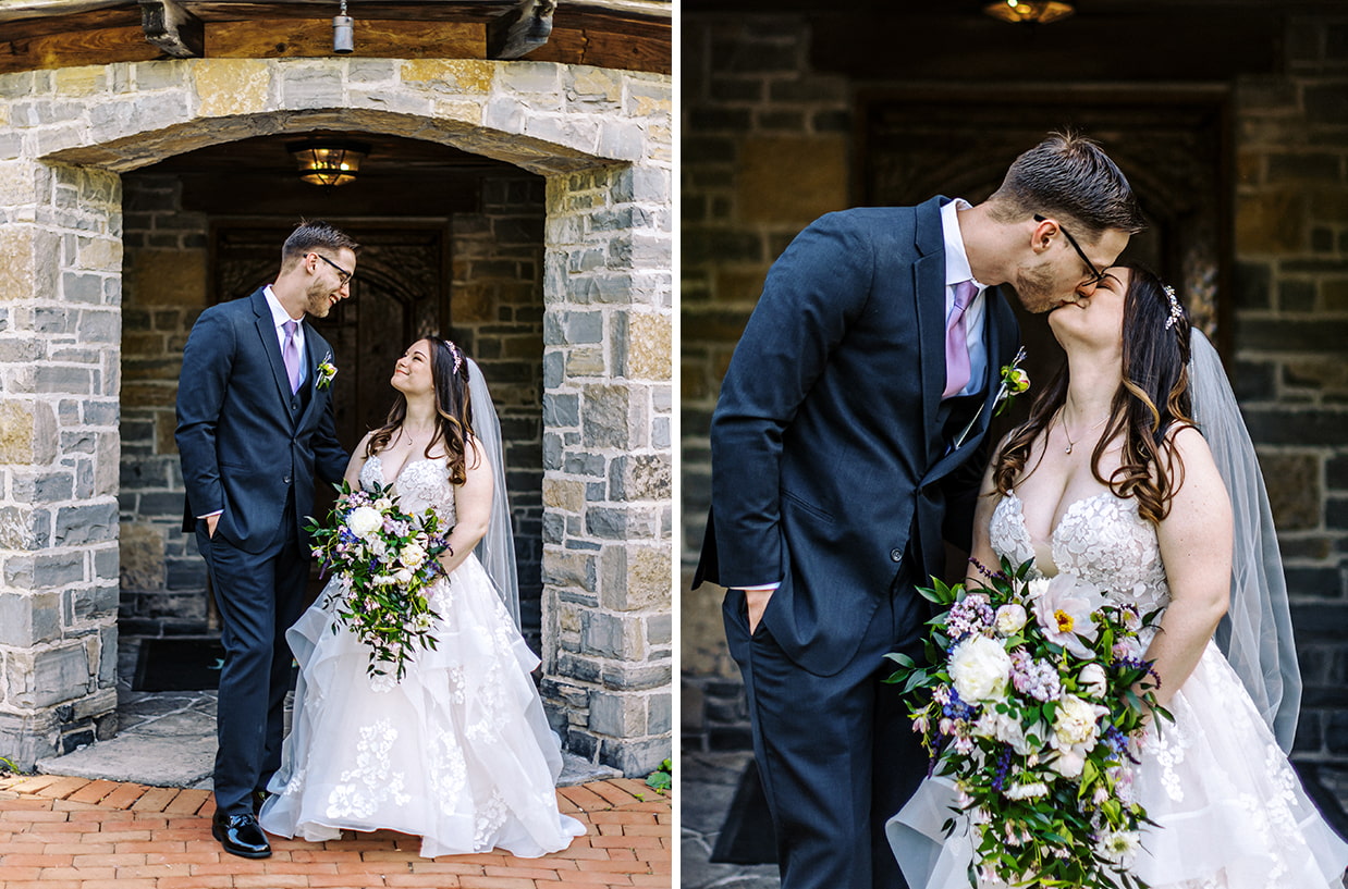bride and groom kiss in front of stone spa entrance at mirbeau inn and spa in skaneateles