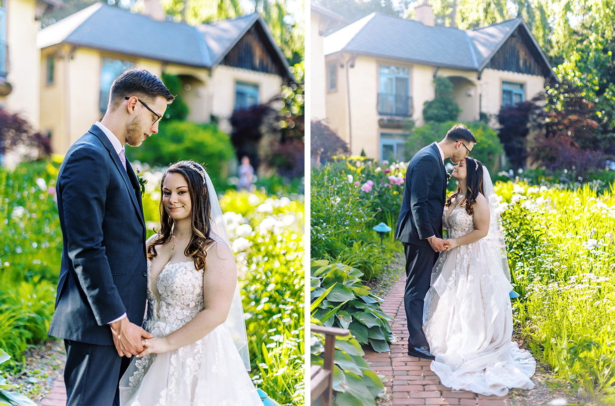 bride and groom stand together on path in french inspired garden in upstate NY