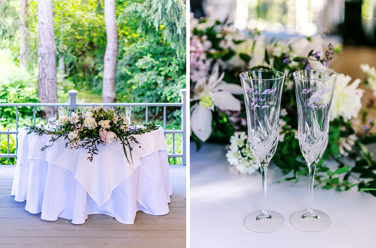 sweetheart table with white and purple flowers and crystal toasting glasses