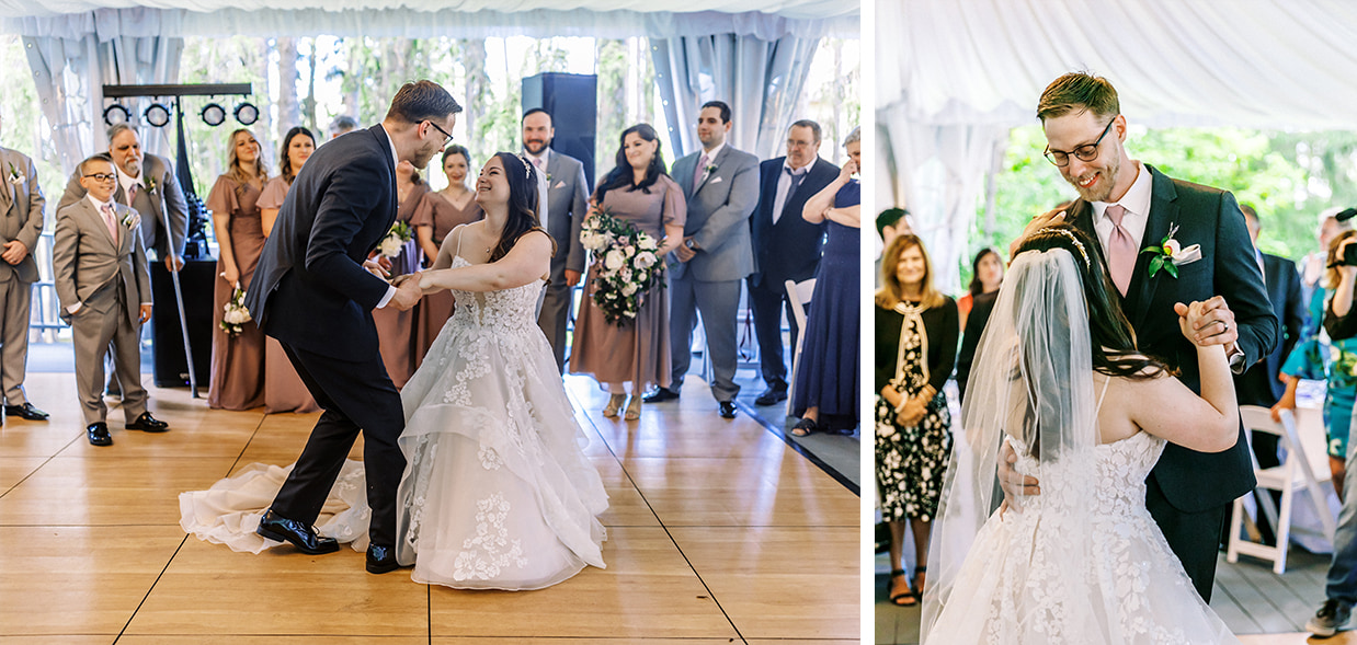 bride and groom share their first dance on Monet Deck at mirbeau inn and spa in skaneateles