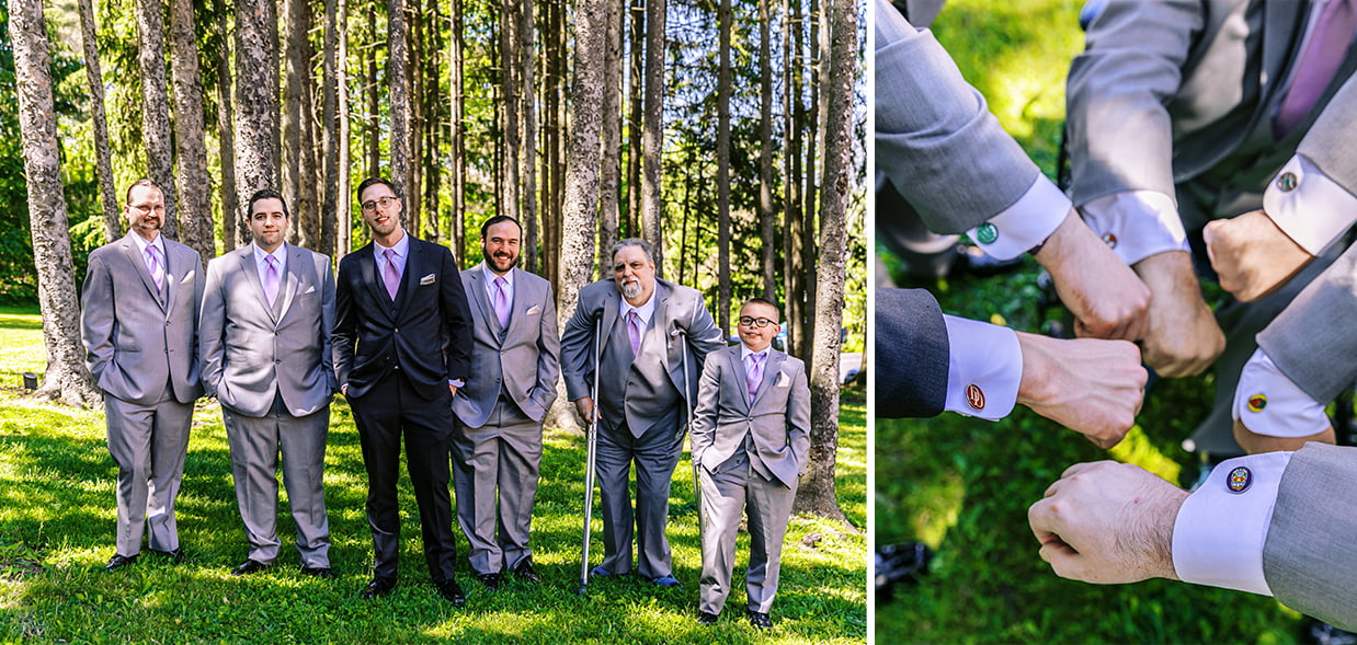groomsmen smiling for camera and showing off their cufflinks