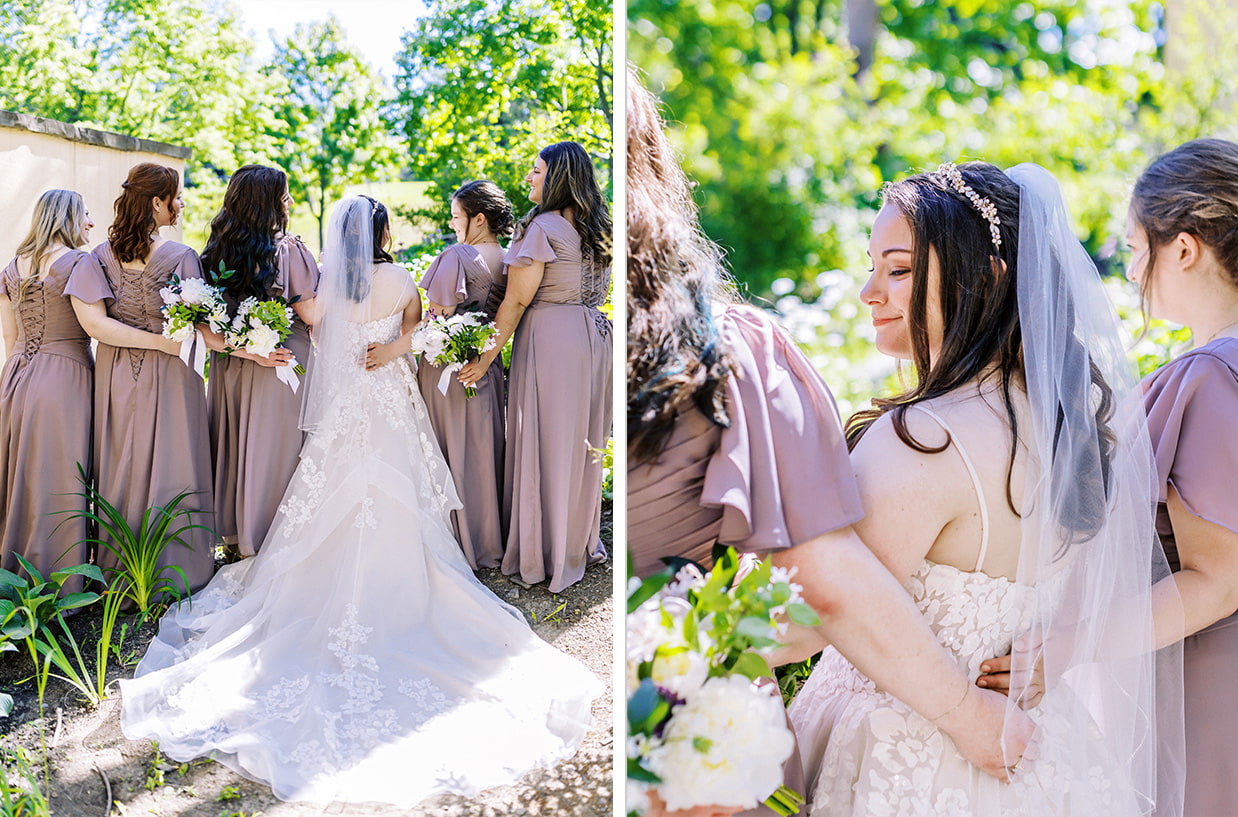 Bridesmaids stand with arms around bride and they smile at mirbeau inn and spa in Skaneateles