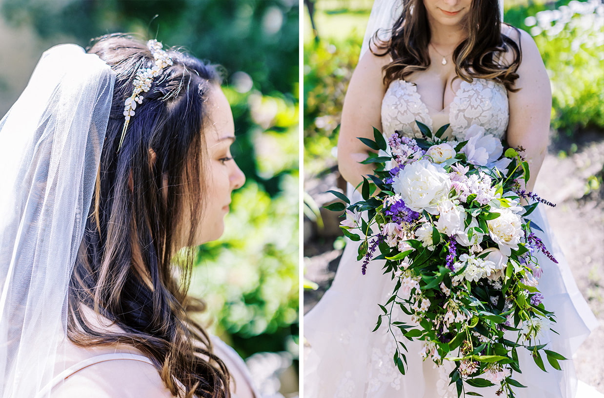 close up of mirbeau bride's white and lavender bouquet and hairpiece 