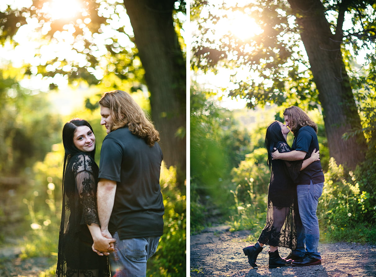 Couple embraces and holds hands in Nay Aug Park Engagement Session