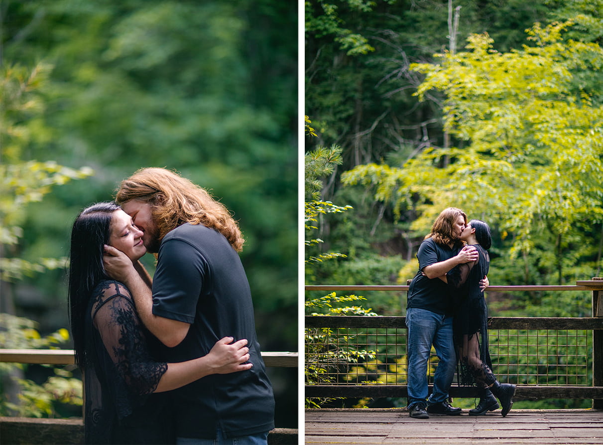 Couple embraces in woods at Nay Aug Park in Scranton