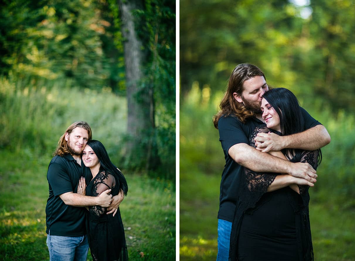 Couple embraces and smiles at camera in Nay Aug Park Engagement Session