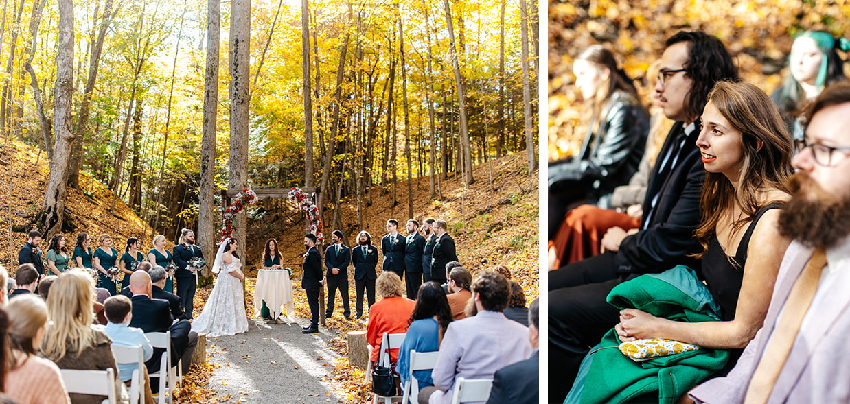 friends and family look on during wedding ceremony in a colorful fall forest at New Park Event Venue & Suites in Ithaca NY