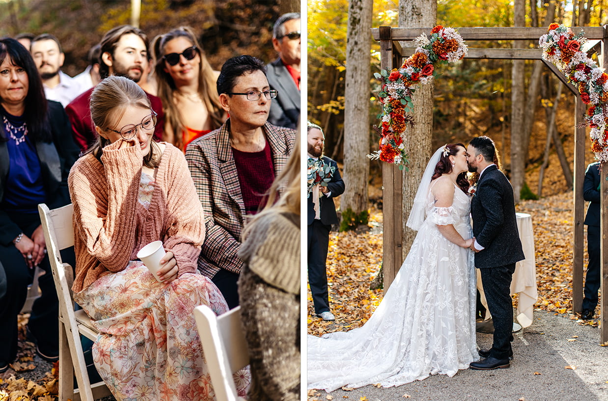 bride and groom share first kiss during New Park Event Venue & Suites wedding while a guest wipes away a tear