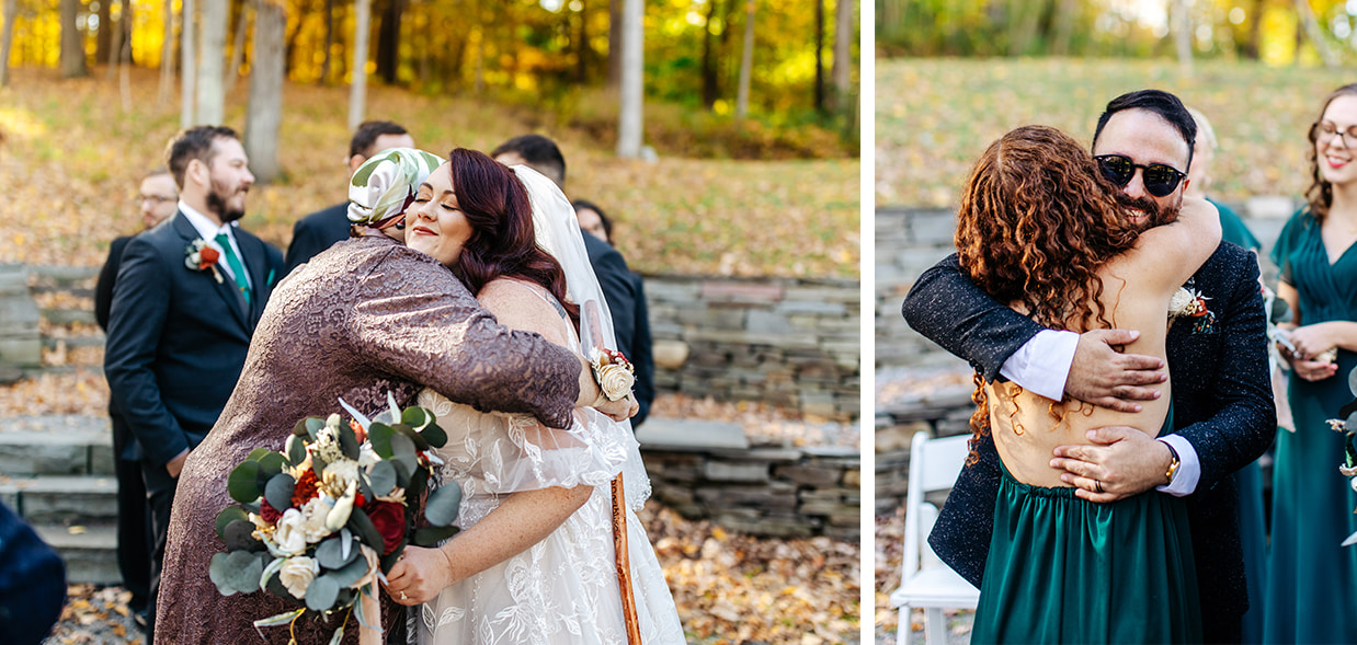 bride and groom hug their family members after their wedding ceremony at New Park Event Venue & Suites in Ithaca NY