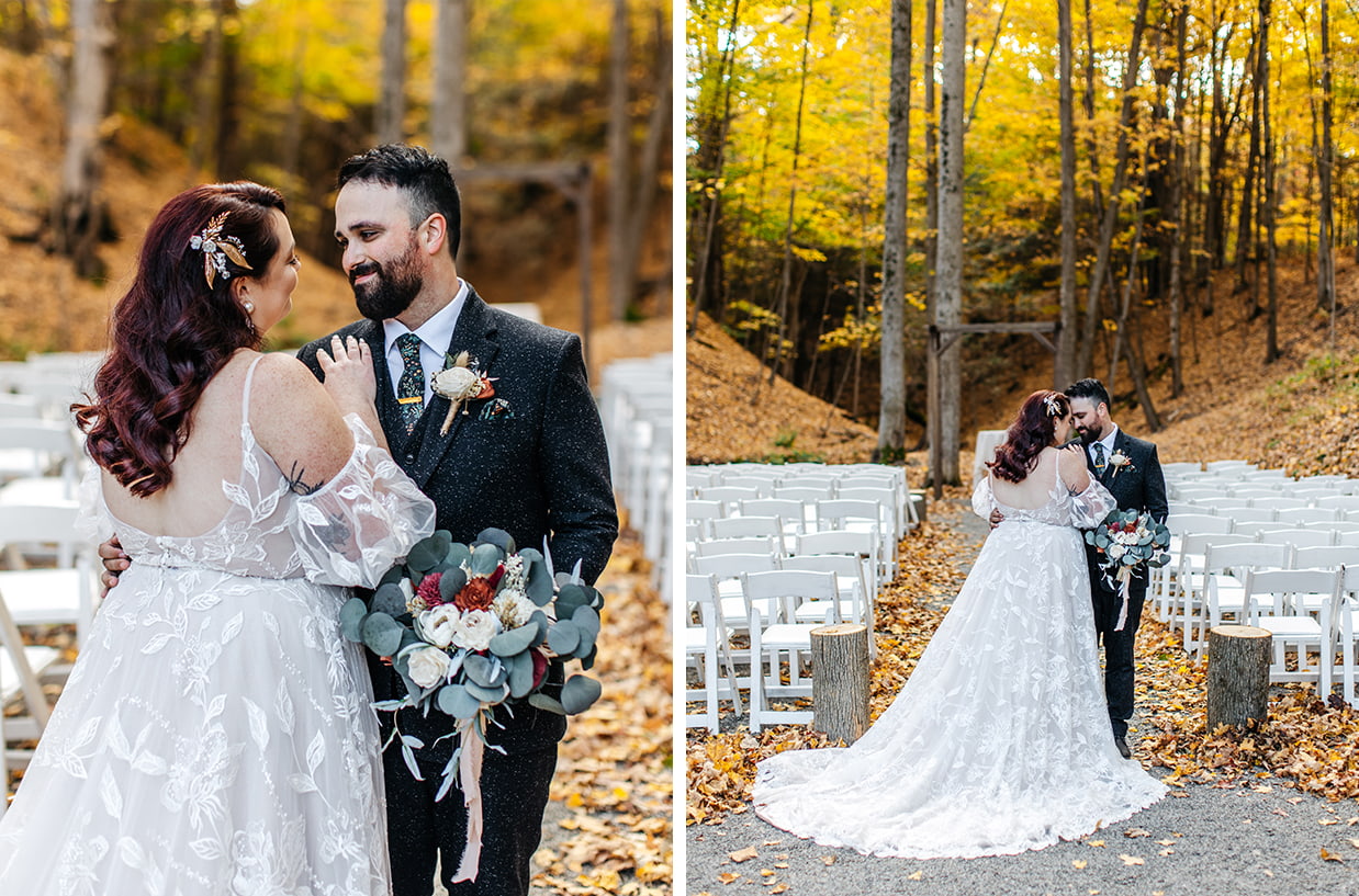 bride and grooms stand in front ceremony space and fall foliage at New Park Event Venue & Suites in Ithaca NY