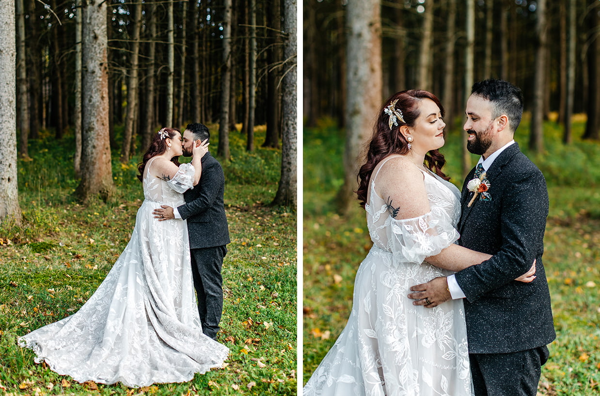 bride and groom embrace surrounded by trees at New Park Event Venue & Suites