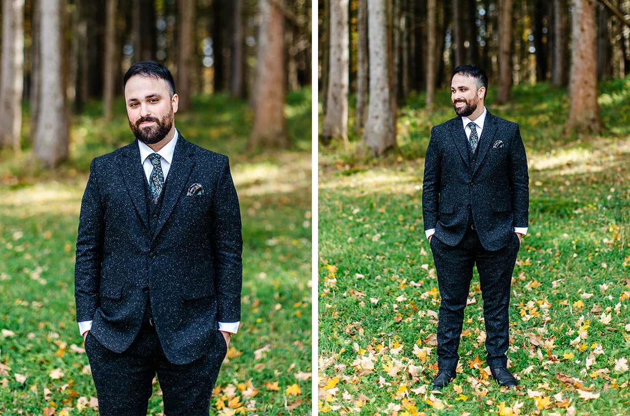 Groom smiles while surrounded by trees at New Park Event Venue & Suites in Ithaca NY