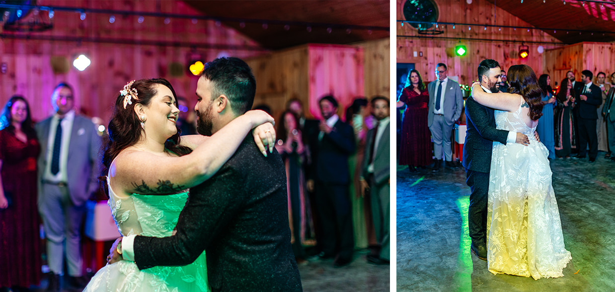 bride and groom share first dance surrounded by guests at New Park Event Venue & Suites in Ithaca NY