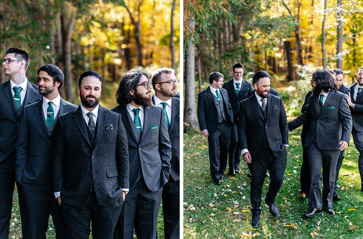 Groom smiles and laughs for photos with groomsmen at New Park Event Venue & Suites in Ithaca NY