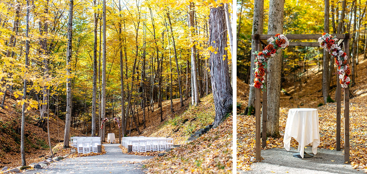 Wedding Ceremony space set up between tall trees with fall foliage at New Park Event Venue & Suites in Ithaca NY