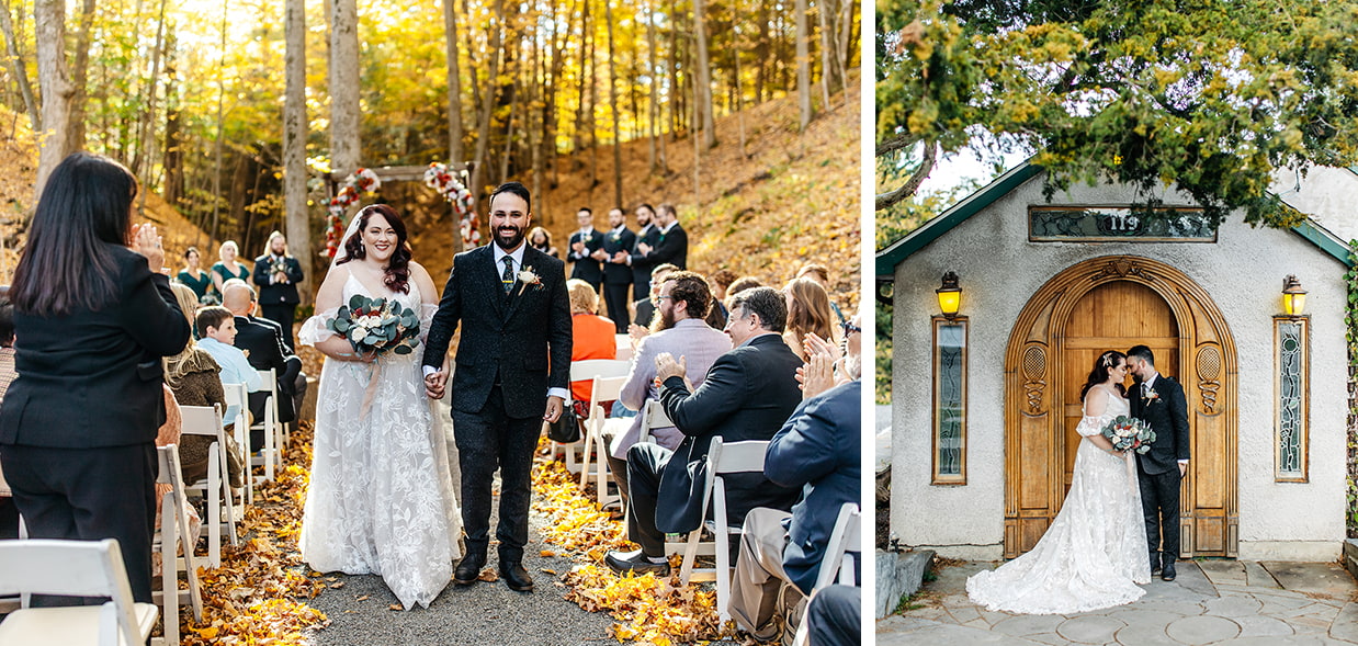 Couple walks down the aisle and stands in front of beautiful wooden door at New Park Event Venue & Suites in Ithaca NY