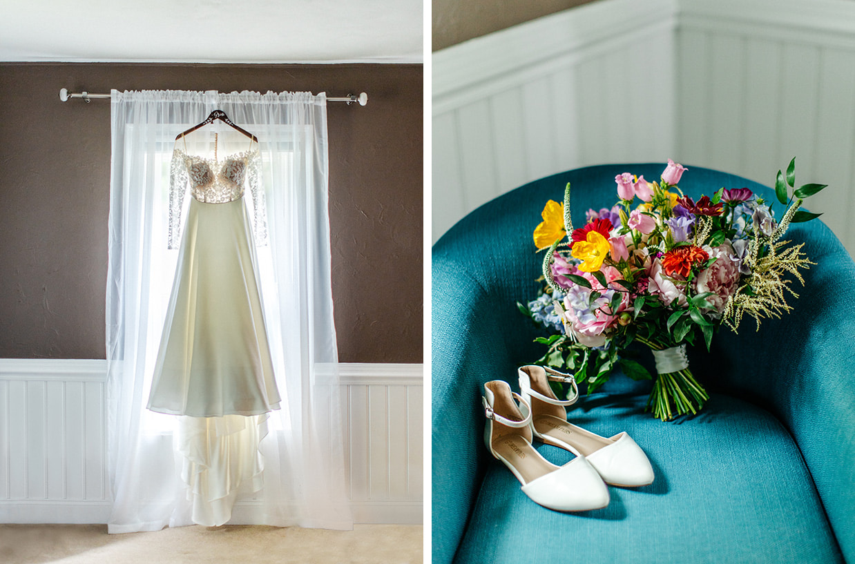 jenny yoo wedding dress hangs from window, colorful bouquet and shoes sit in blue chair