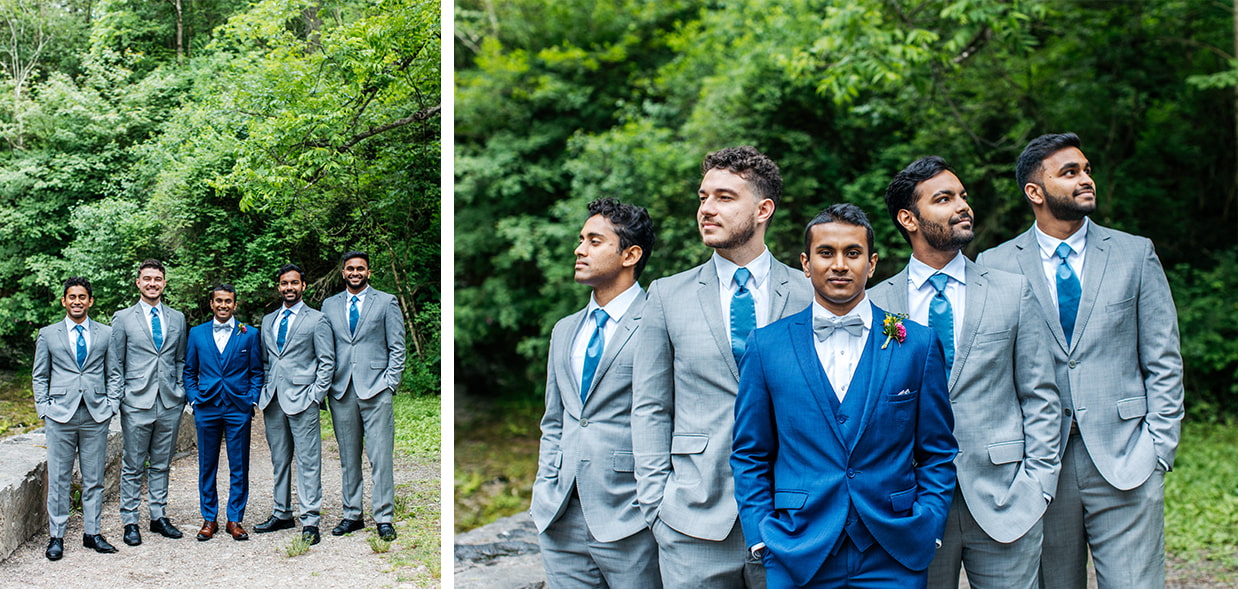 groomsmen stand together and looks serious