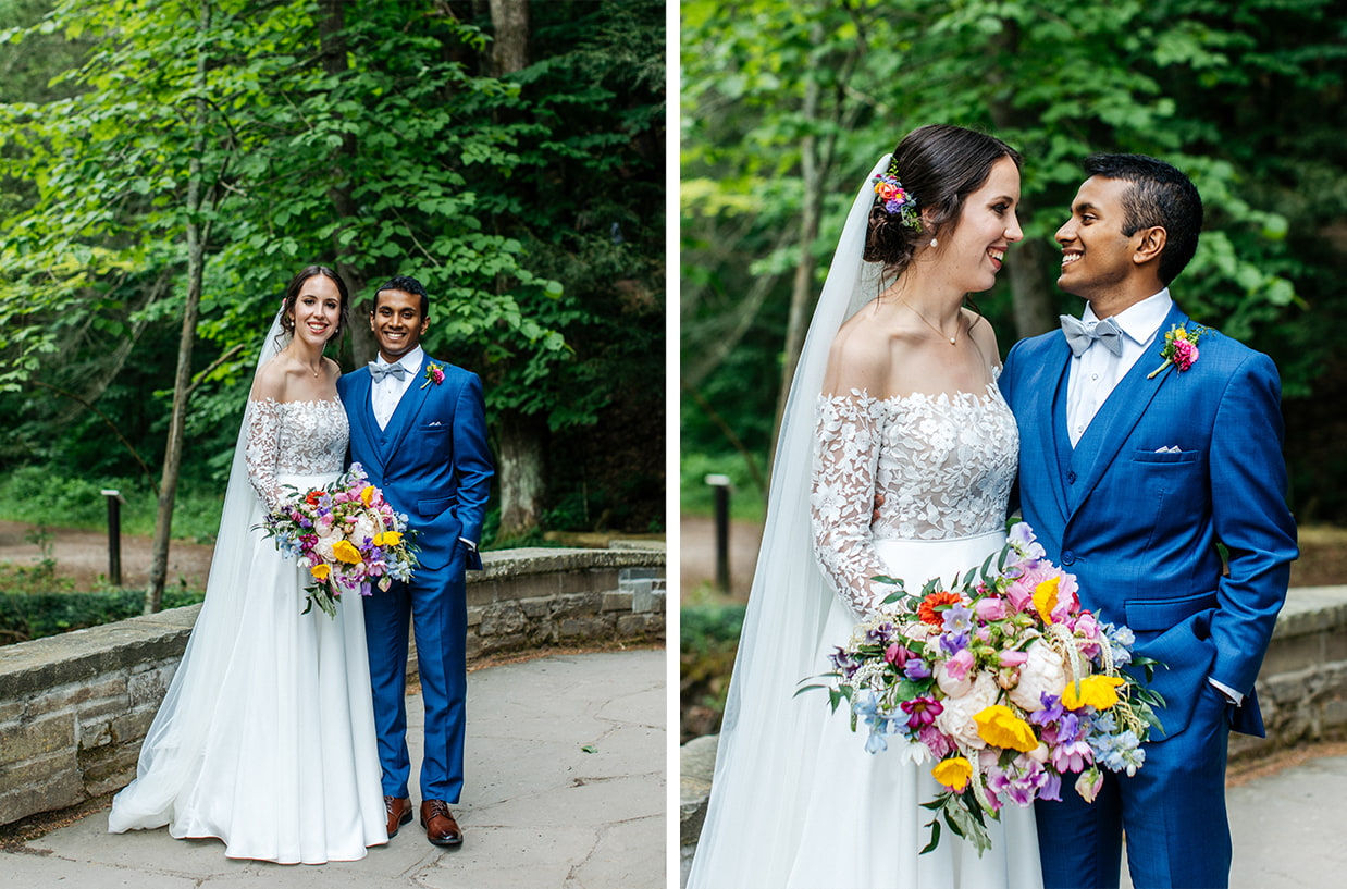 bride and groom stand on bridge and smile at camera and each other