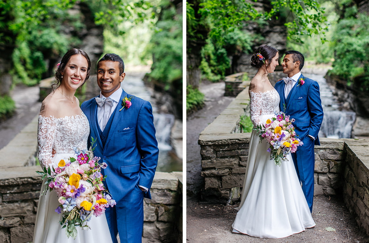 Bride and Groom standing together in Enfield Glen in Ithaca NY