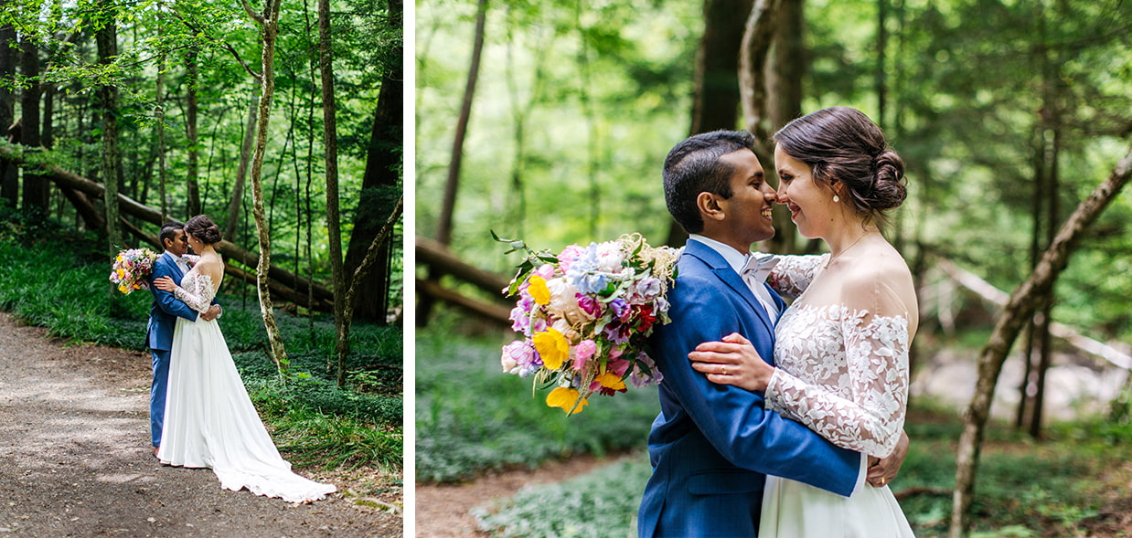 Bride and Groom stand together in a forest, showing off see through back of brides dress
