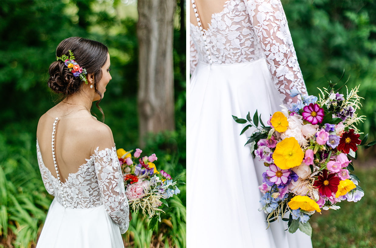 bride shows off transparent back of jenny yoo wedding dress and her colorful bouquet