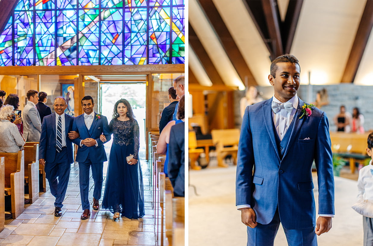 groom walks down church aisle with his parents and watches bride as she walks down the aisle