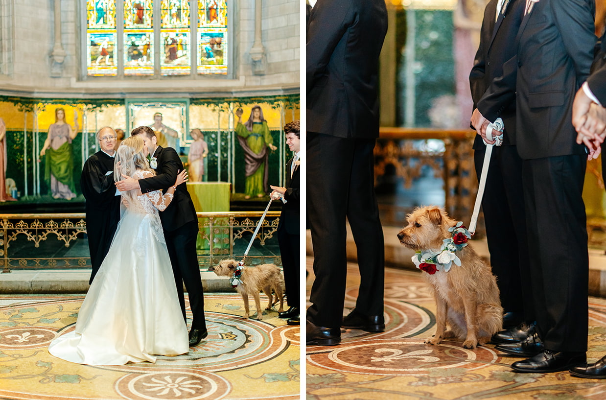 bride and groom share first kiss after sage chapel wedding ceremony while their dog watches