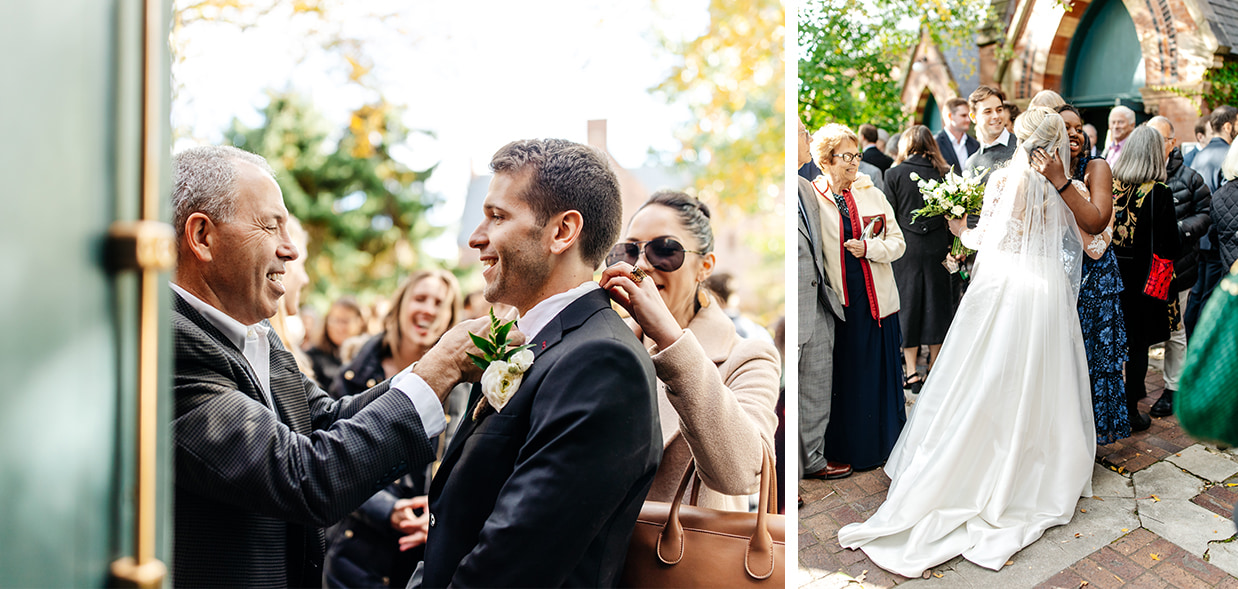 Bride and groom are congratulated by guests after their cornell wedding ceremony in Ithaca NY