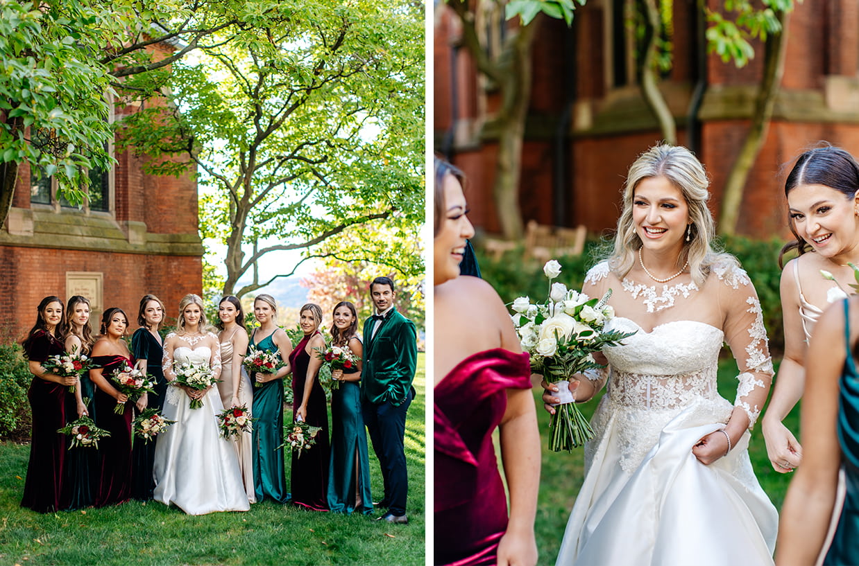Bride and Bridesmaids pose for photo outside of Sage Chapel on the Cornell University Campus