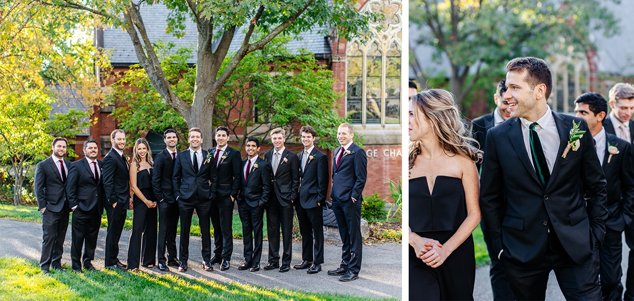 Groom and Groomsmen smile for photo outside Sage Chapel on the Cornell University Campus