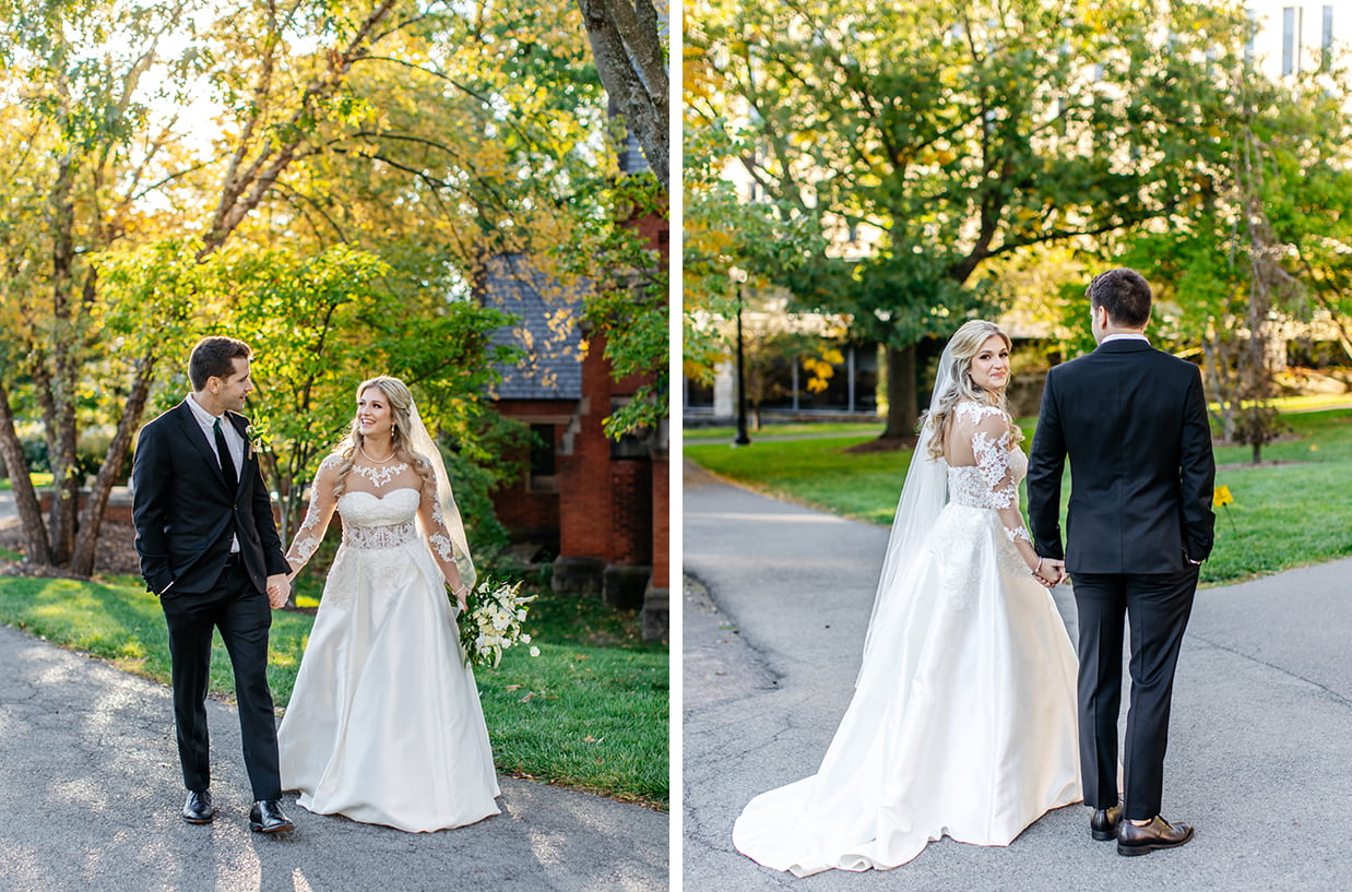 Bride and Groom hold hands while walking