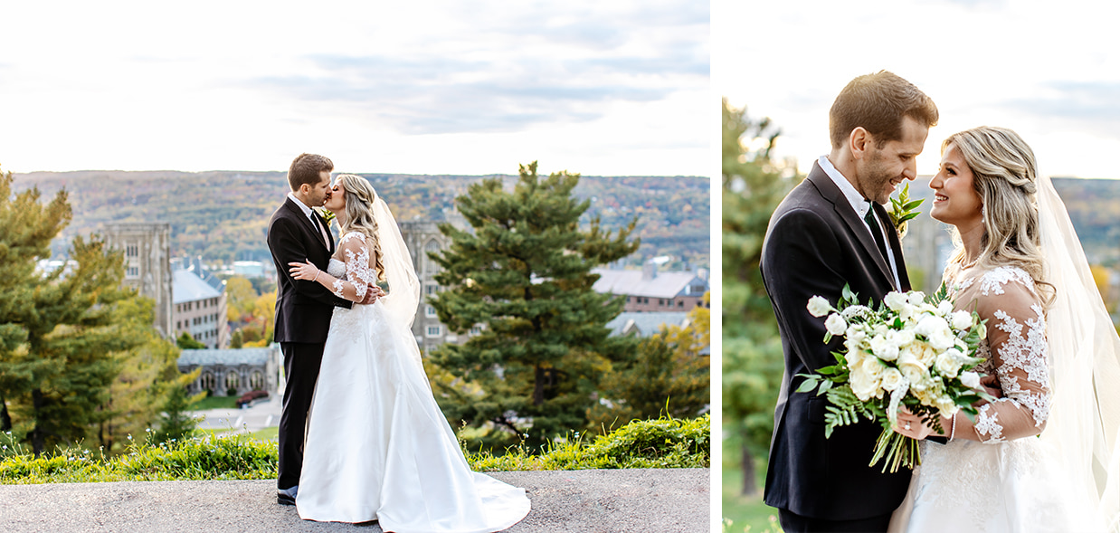 bride and groom kiss on a hill overlooking the Cornell campus during their Cornell wedding
