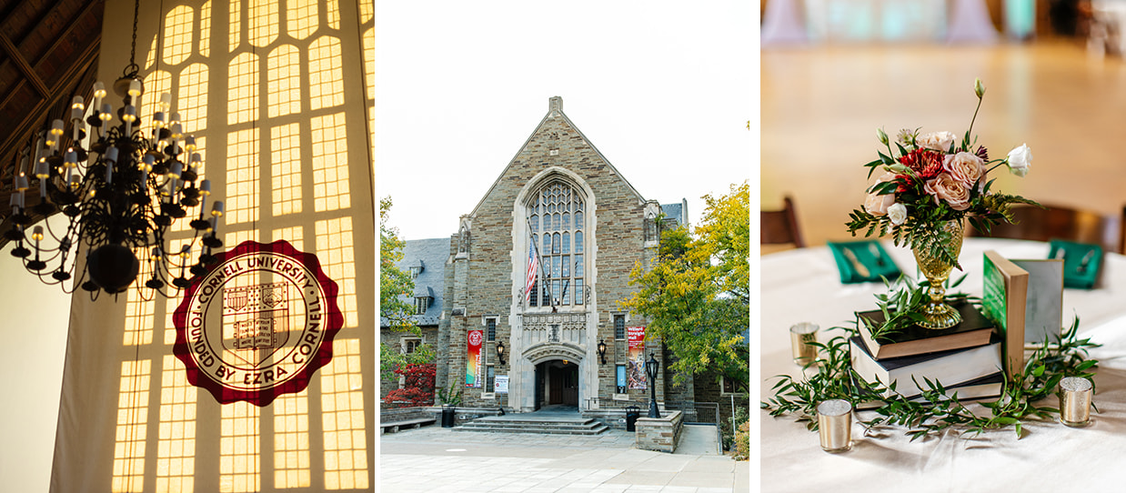 Exterior and interior of Willard Straight Hall on the Cornell campus decorated for a wedding reception