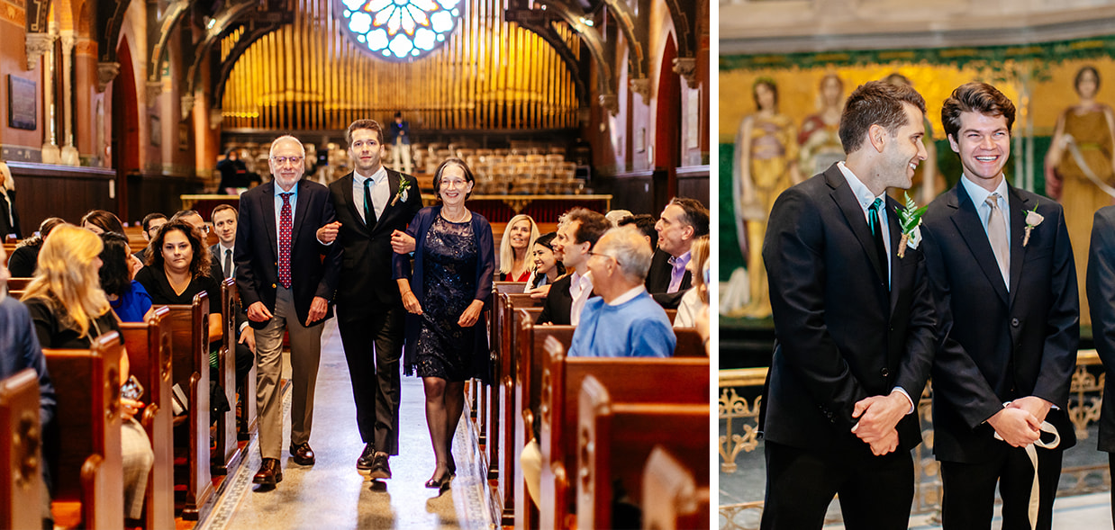 Groom walking down the aisle and laughing with groomsmen at Sage Chapel in Ithaca NY