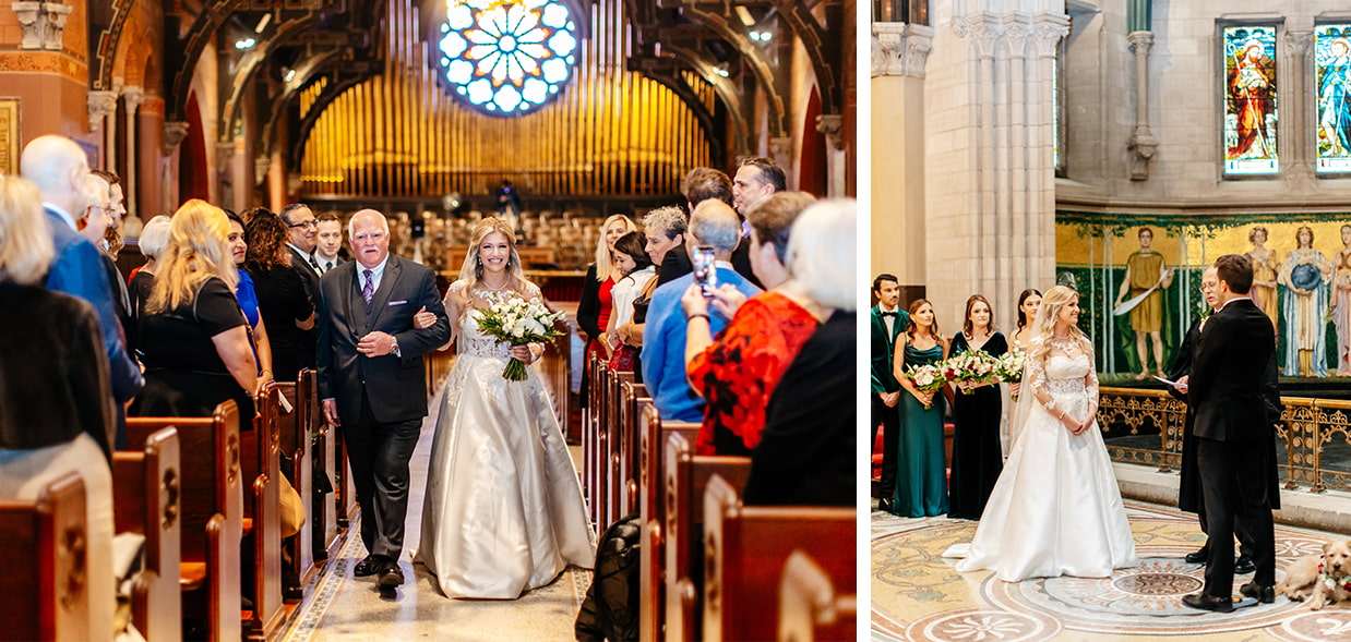 Bride and father walk down the aisle during Cornell wedding ceremony at Sage Chapel in Ithaca NY