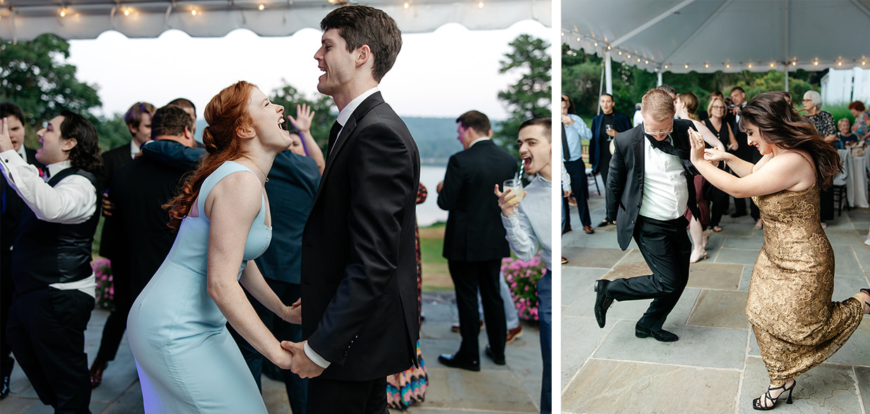 Guests dance on the tented stone patio during a wedding reception in the Finger Lakes
