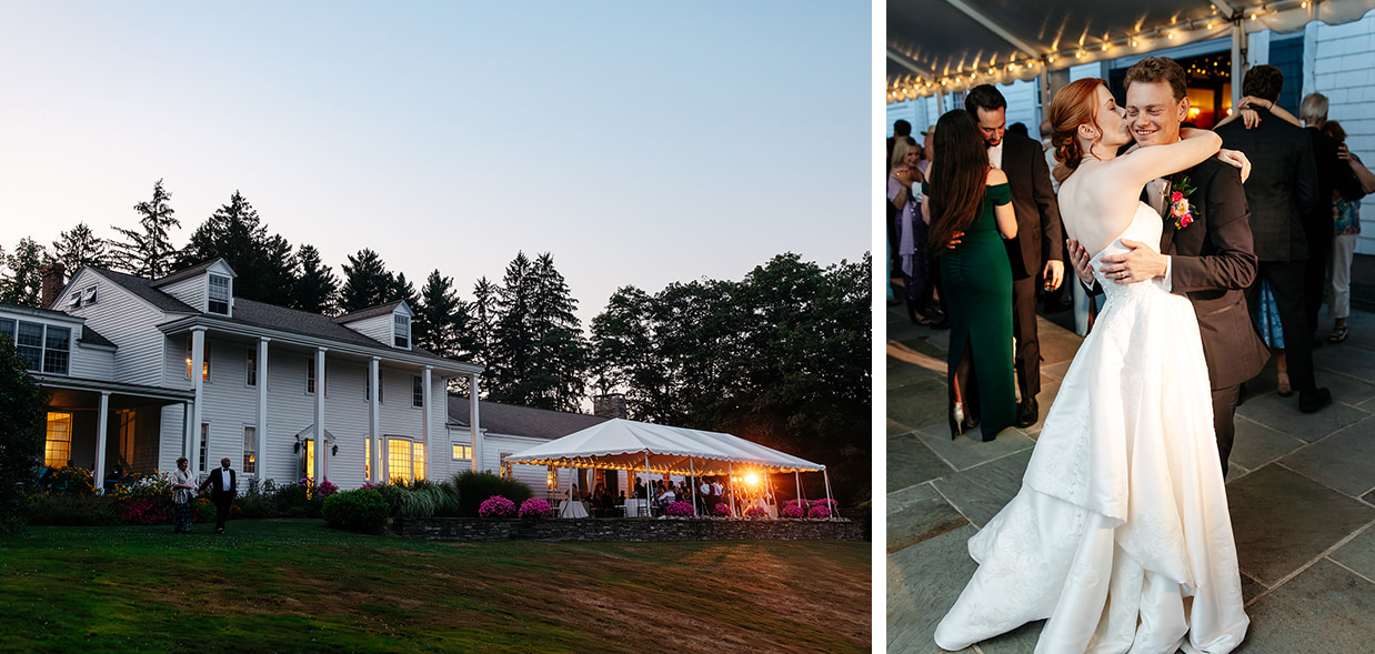 Exterior shot of the Fontainebleau Inn at night, all lit up, while the bride and groom embrace on the dance floor