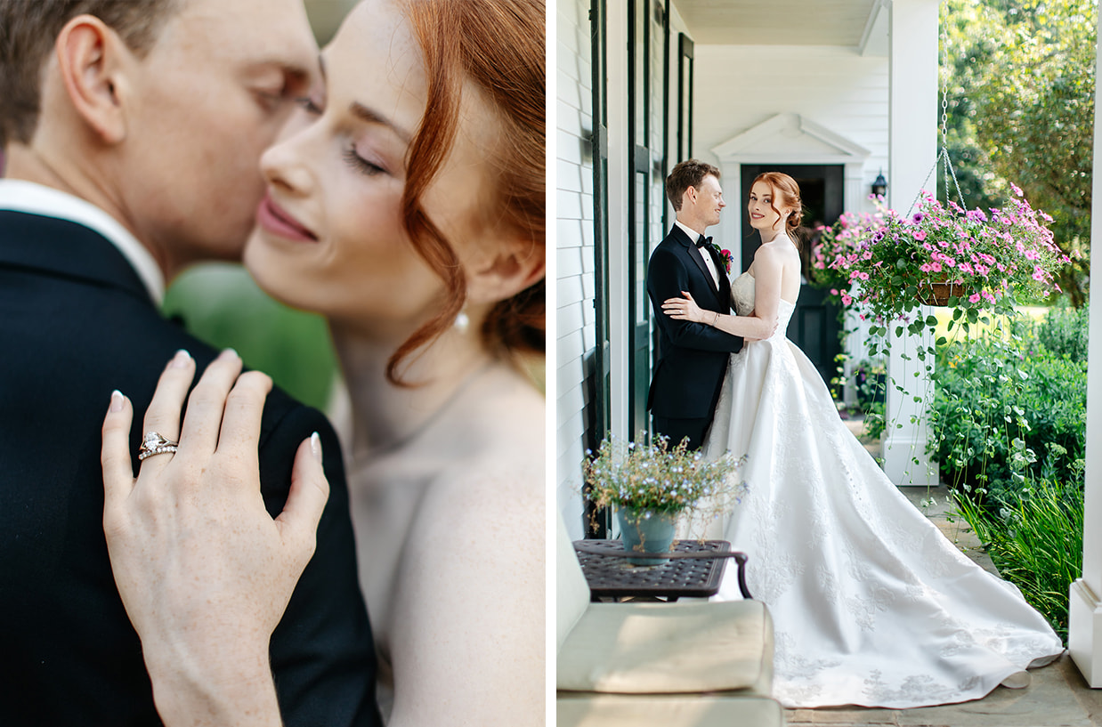 Bride and groom embrace on the front porch of The Fontainebleau Inn in Alpine NY surrounded by lush summer greenery