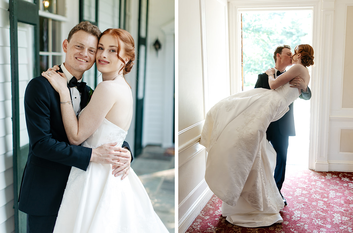Bride and groom embrace and smile for a photo, paired with groom carrying bride over threshold while kissing her 