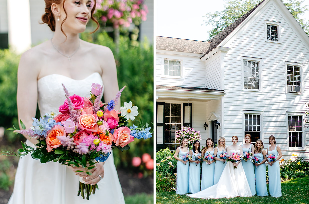 Close up of bride's colorful pink and peach bouquet paired with bride smiling with bridesmaids in blue dresses in front of The Fontainebleau Inn