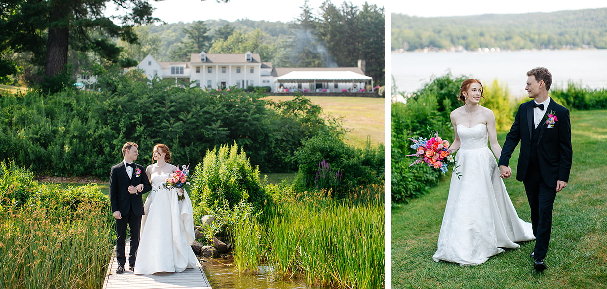 Bride and Groom stand on a dock with The Fontainebleau Inn in Alpine, NY in the Background