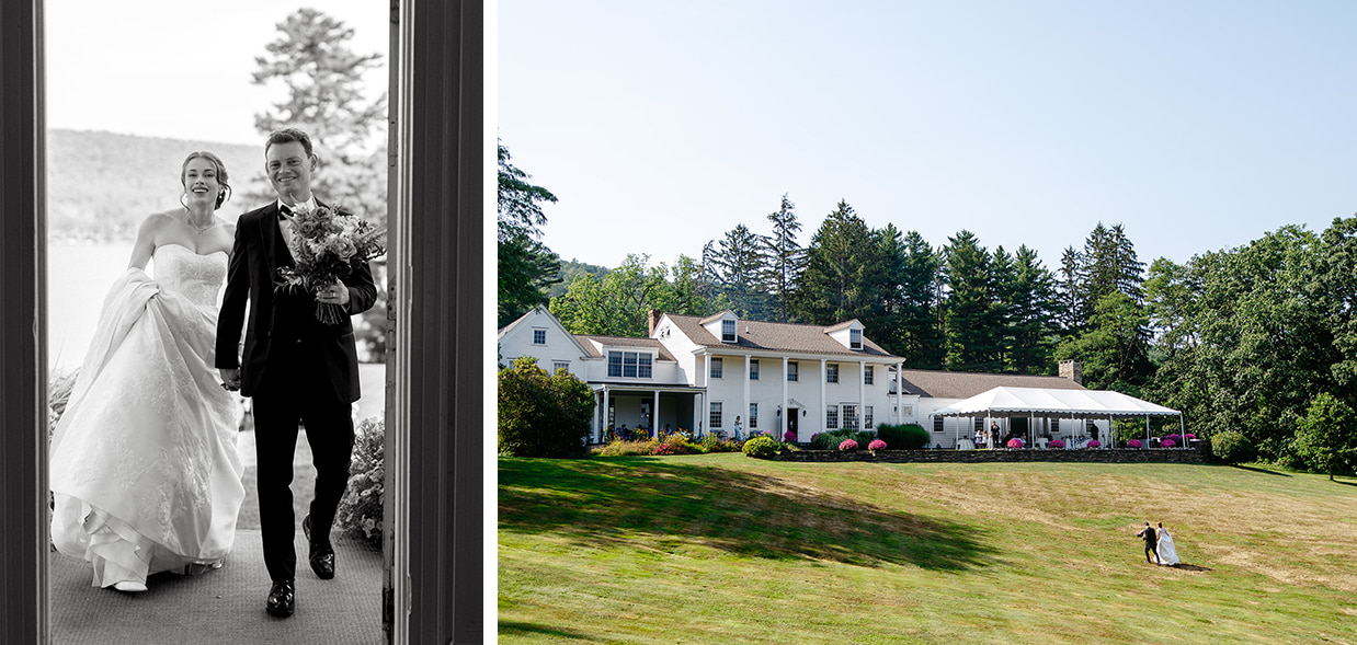 Wide shot of Fontainebleau Inn near Ithaca as a bride and groom walk up the lawn towards the Inn, paired with the bride and groom walking through the door